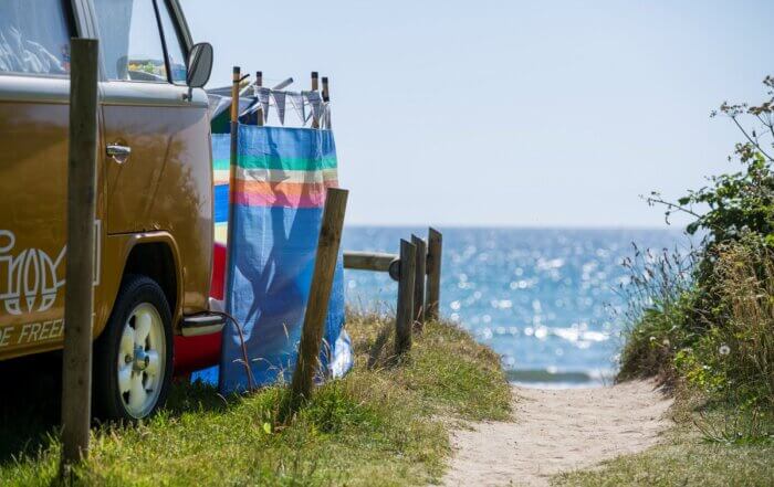 VW campervan at Pentewan Sands beach
